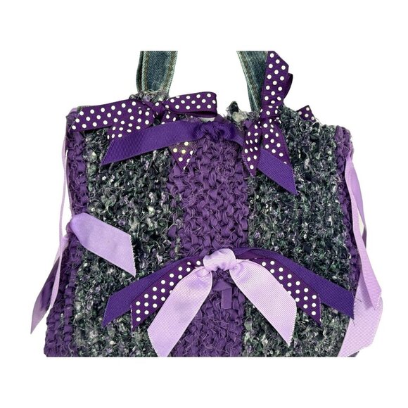 Handcrafted Purple & Denim Ribbon Bow Crochet Handbag Mini Tote OOAK - Picture 3 of 7